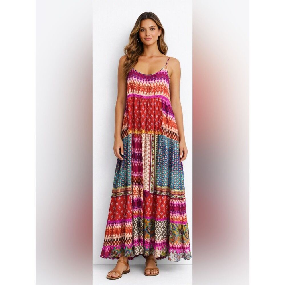 Boho Maxi Patchwork Dress America & Beyond Fuchsia Rose Paisley 100% Viscose